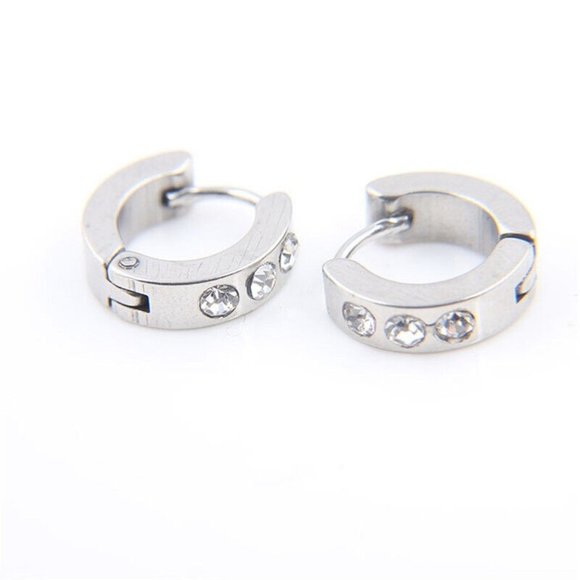Mens Silver Stainless Steel Diamond Zircon Hoop Huggie Earrings 14mm Party Gift - Picture 1 of 5
